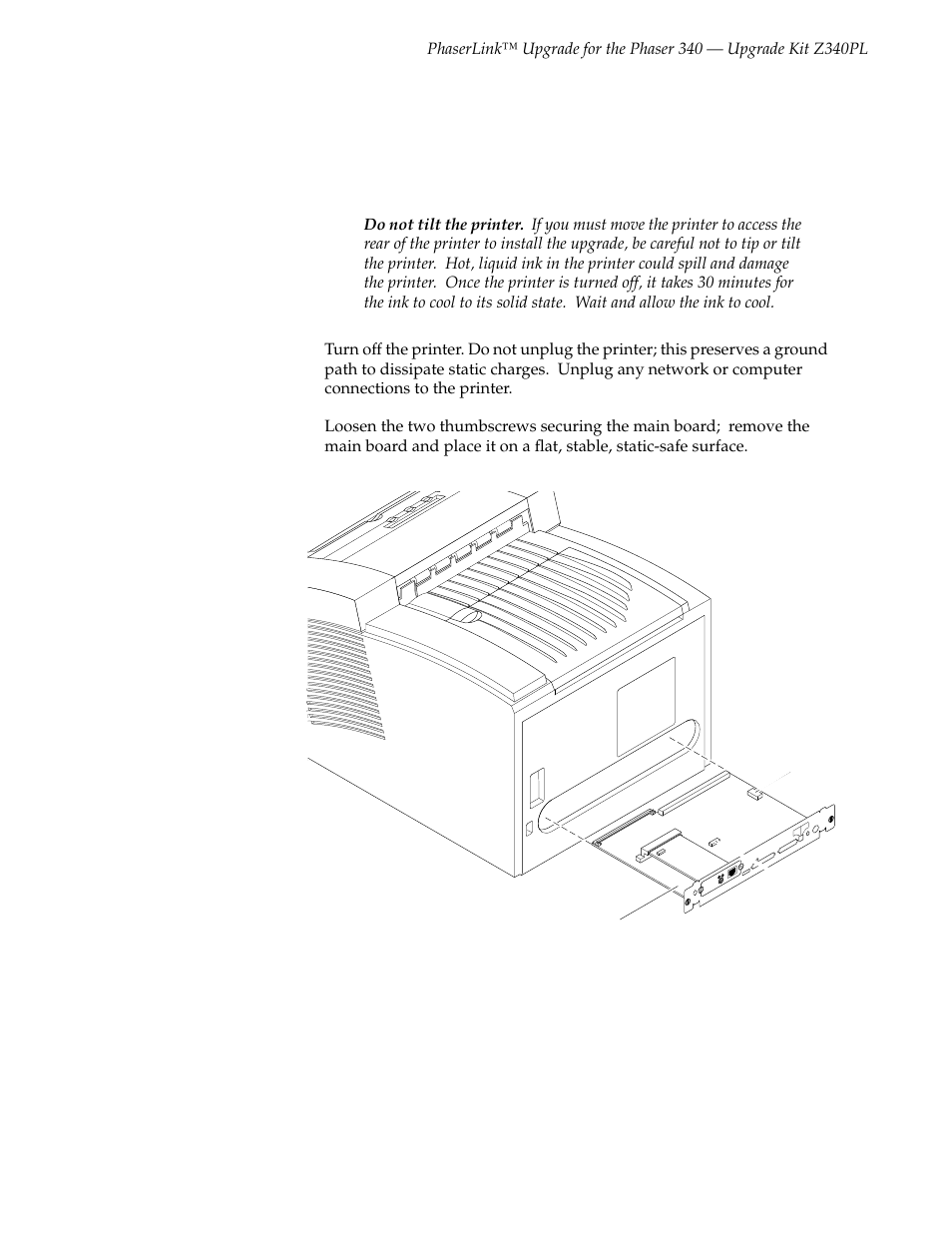 Upgrading the printer, Removing the main board, Caution | Do not tilt the printer | Tektronix Kit Z340PL User Manual | Page 3 / 6