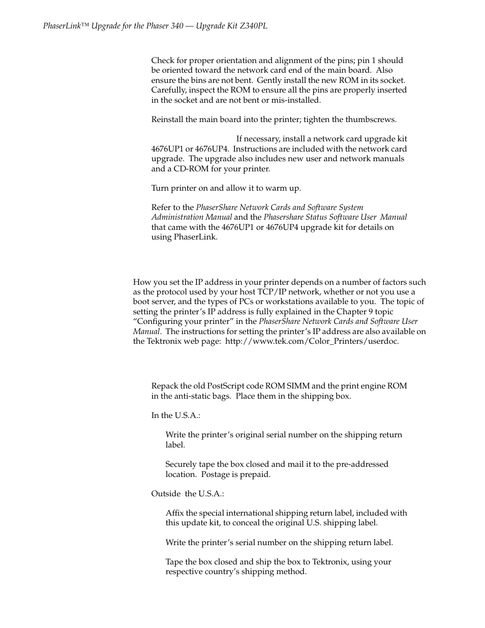 Setting the printer’s ip address, Return the old roms to tektronix | Tektronix Kit Z340PL User Manual | Page 6 / 6
