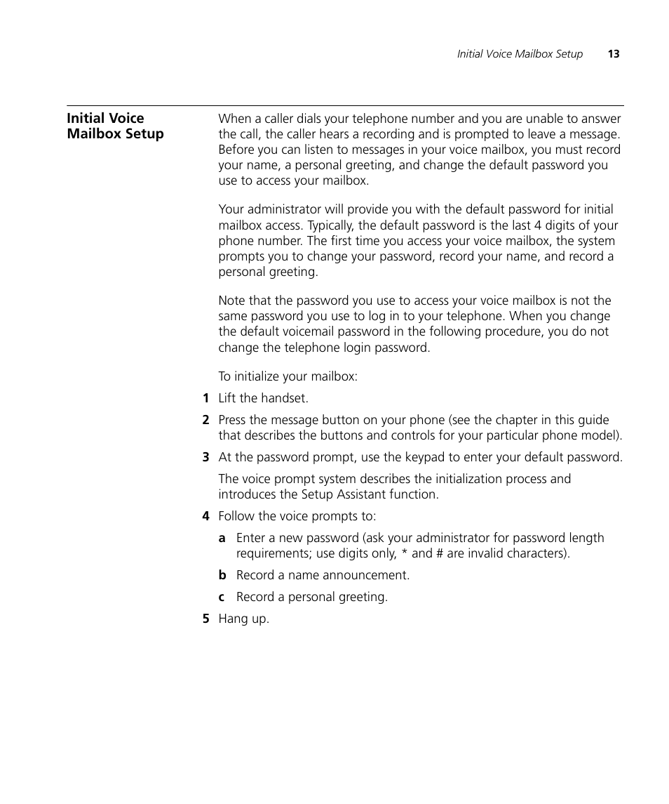 Initial voice mailbox setup | 3Com V7000 User Manual | Page 13 / 102