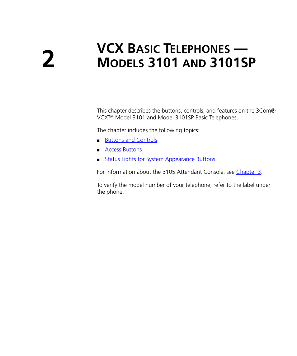 Vcx basic telephones - models 3101 and 3101sp, Vcx b, Asic | Elephones, Odels, 3101sp | 3Com V7000 User Manual | Page 15 / 102