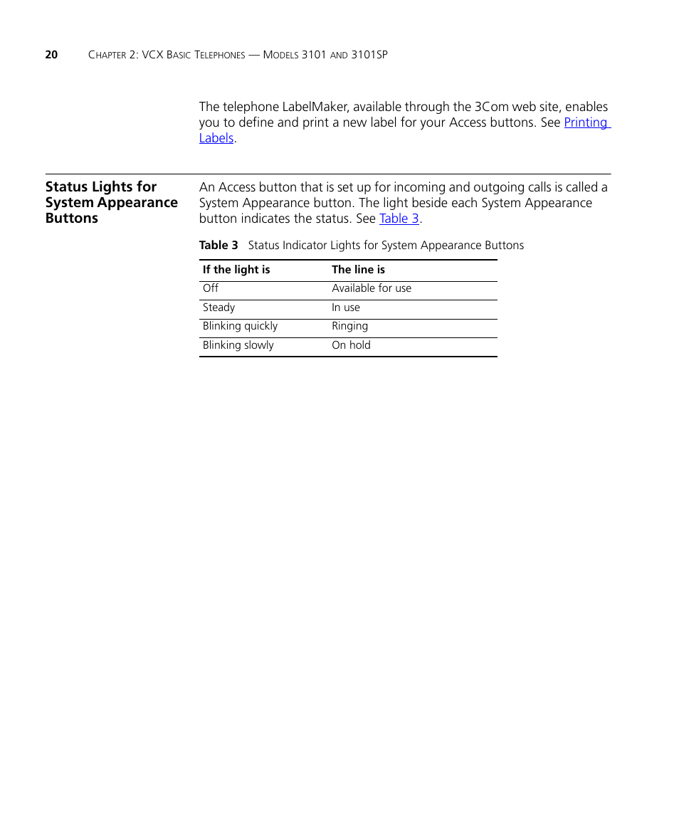 Status lights for system appearance buttons | 3Com V7000 User Manual | Page 20 / 102