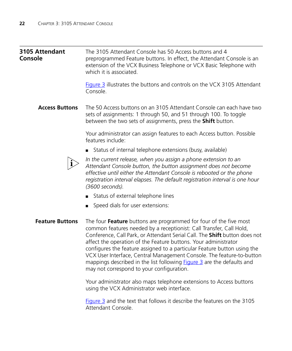 3105 attendant console, Access buttons, Feature buttons | 3Com V7000 User Manual | Page 22 / 102