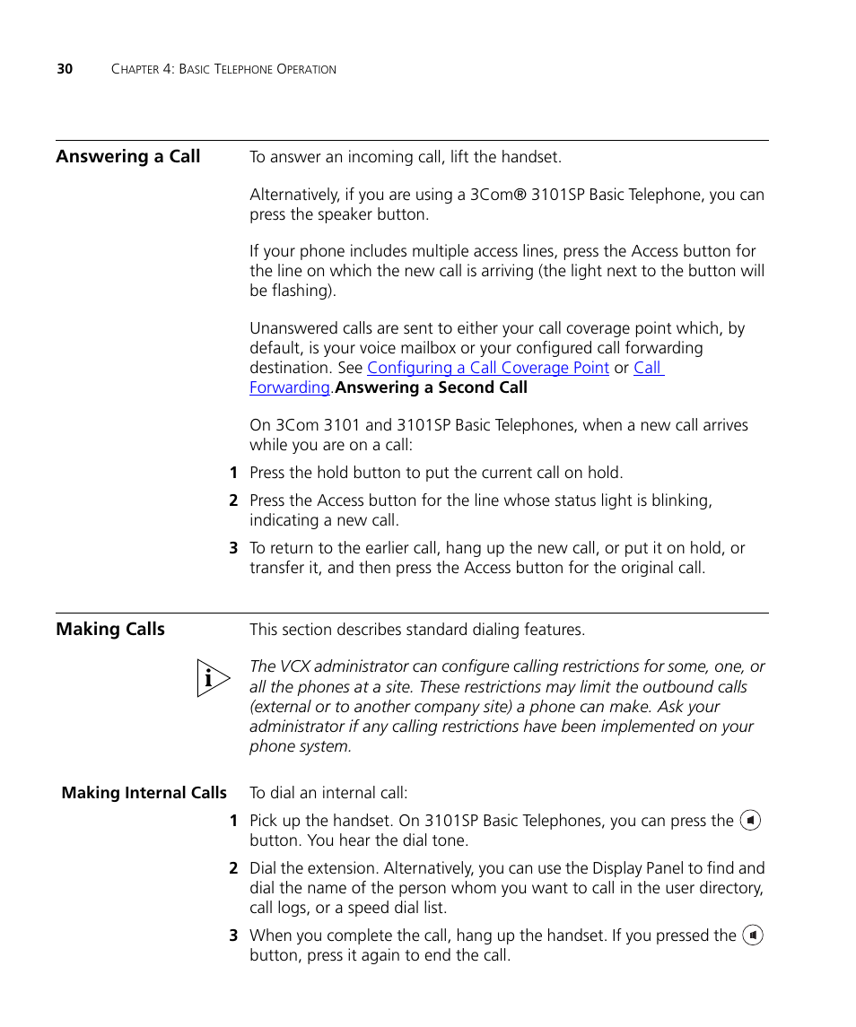 Answering a call, Making calls, Making internal calls | 3Com V7000 User Manual | Page 30 / 102