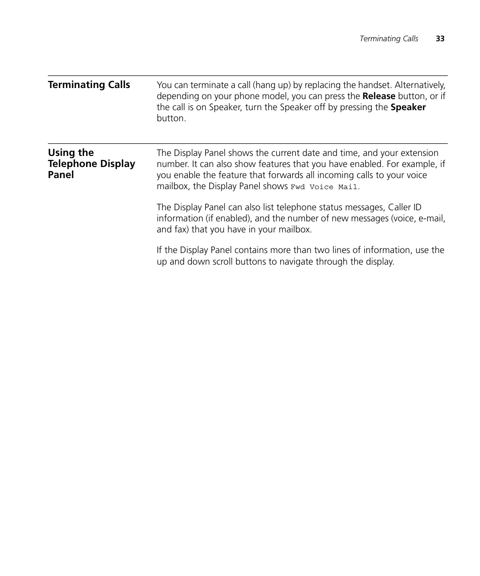 Terminating calls, Using the telephone display panel, Using the telephone display | Panel | 3Com V7000 User Manual | Page 33 / 102