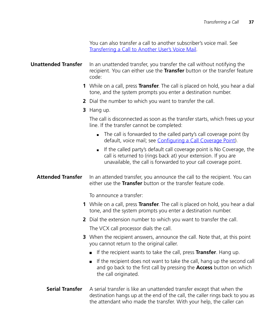 Unattended transfer, Attended transfer, Serial transfer | 3Com V7000 User Manual | Page 37 / 102