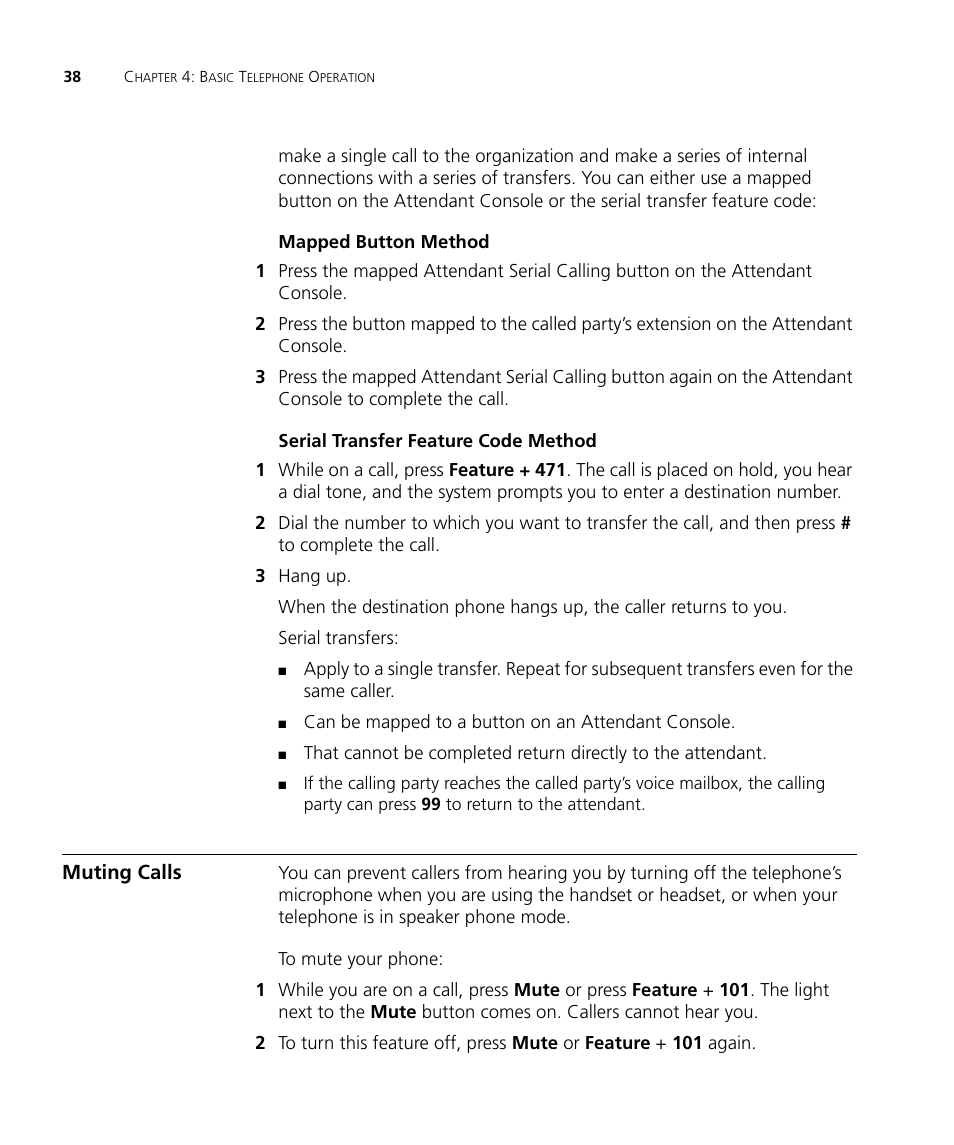 Muting calls, Mapped button method, Serial transfer feature code method | 3Com V7000 User Manual | Page 38 / 102