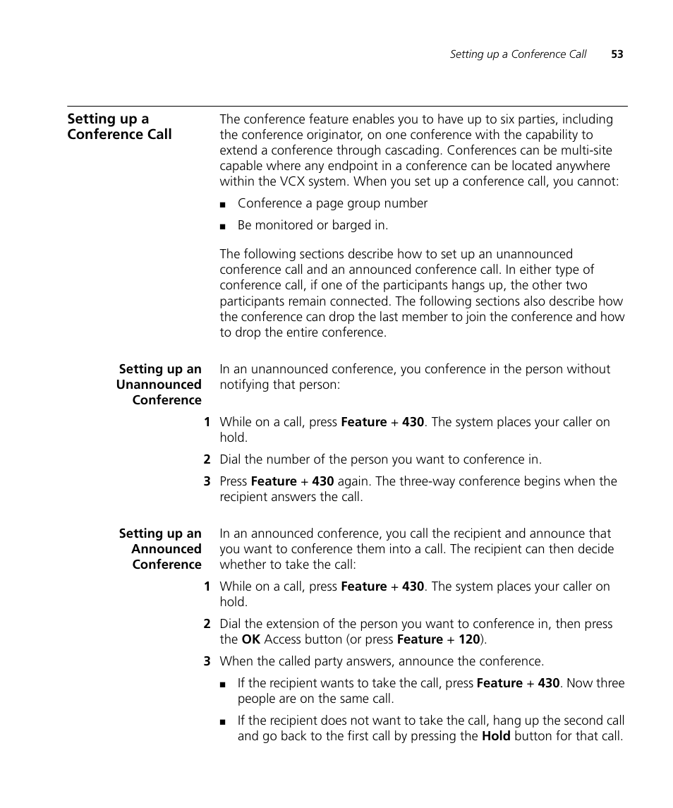 Setting up a conference call, Setting up an unannounced conference, Setting up an announced conference | 3Com V7000 User Manual | Page 53 / 102