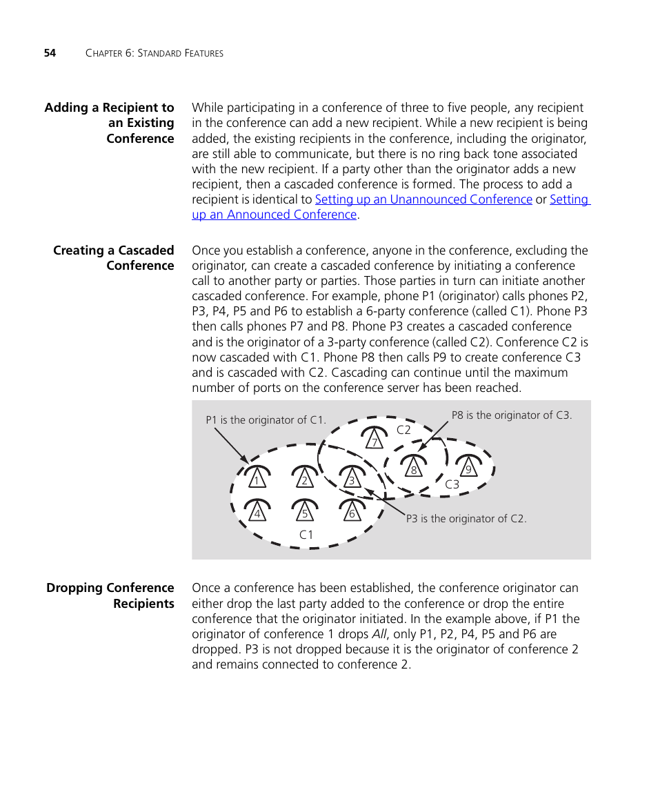 Adding a recipient to an existing conference, Creating a cascaded conference, Dropping conference recipients | 3Com V7000 User Manual | Page 54 / 102