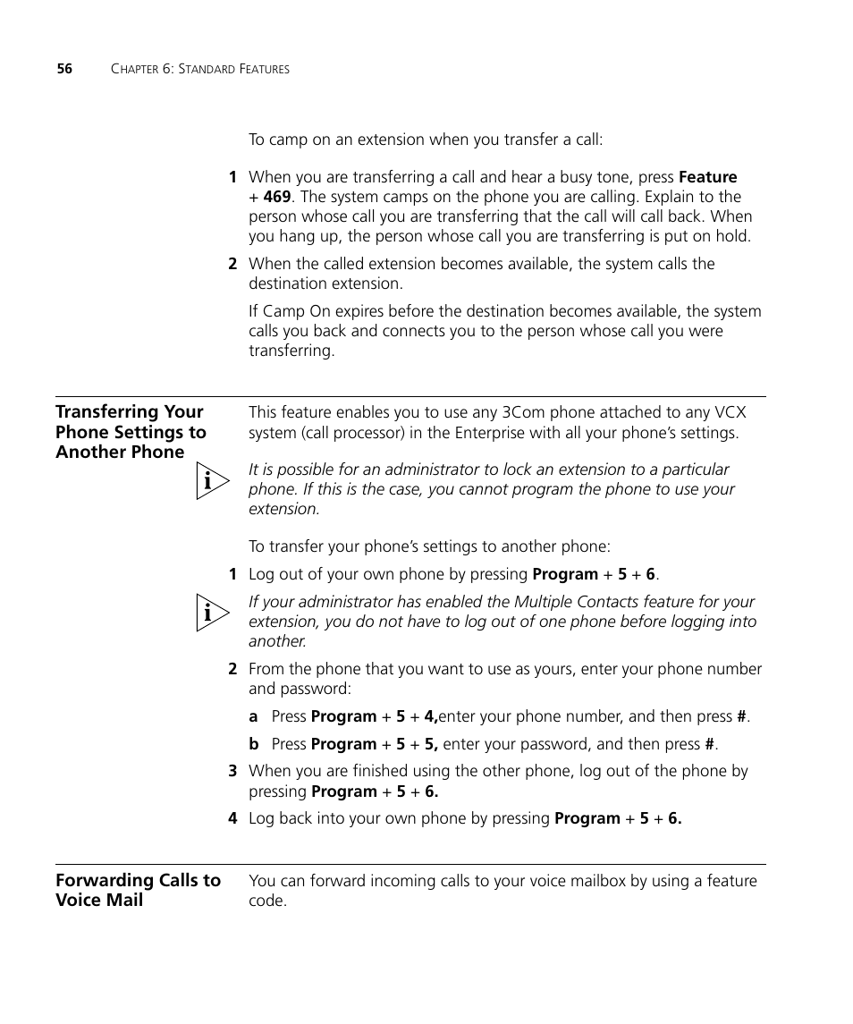 Transferring your phone settings to another phone, Forwarding calls to voice mail, Transferring your phone settings to | Another phone, Forwarding calls to voice, Mail | 3Com V7000 User Manual | Page 56 / 102