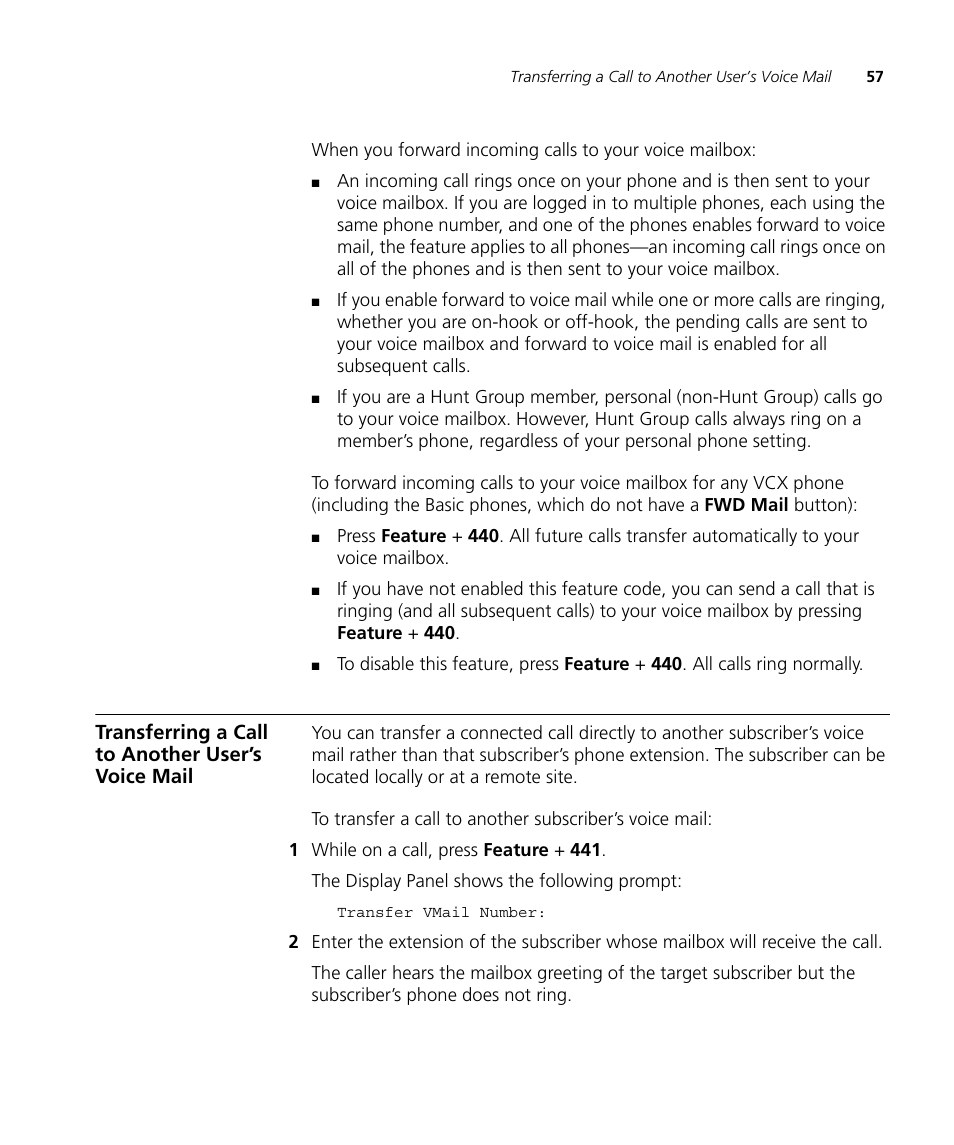 Transferring a call to another user’s voice mail, Transferring a call to another user’s, Voice mail | 3Com V7000 User Manual | Page 57 / 102
