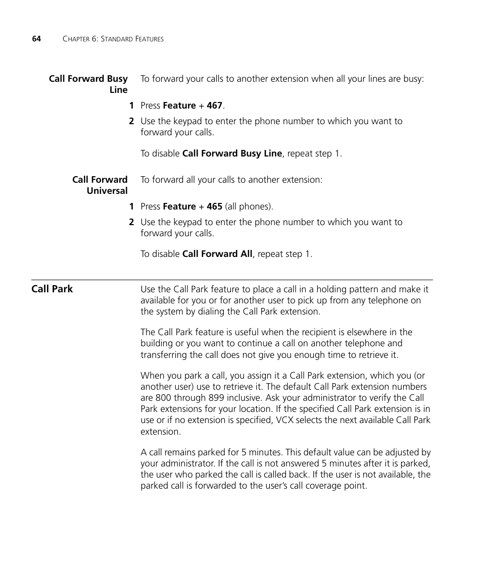 Call forward busy line, Call forward universal, Call park | 3Com V7000 User Manual | Page 64 / 102
