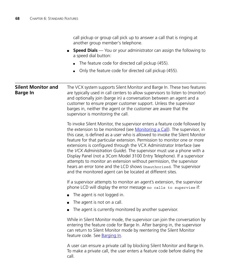 Silent monitor and barge in, Silent, Monitor and barge in | Silent monitor and, Barge in | 3Com V7000 User Manual | Page 68 / 102