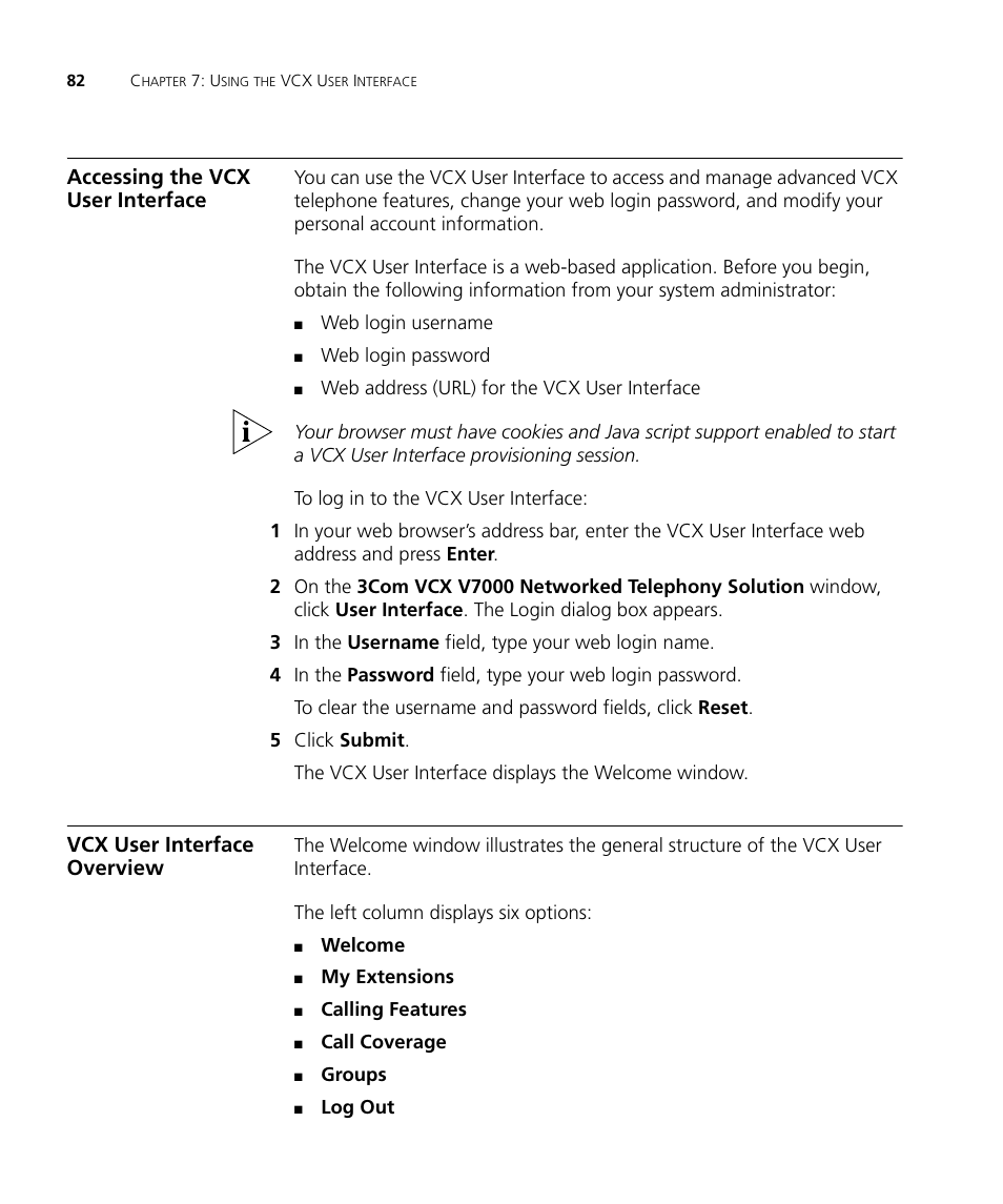 Accessing the vcx user interface, Vcx user interface overview, Vcx user interface | Overview | 3Com V7000 User Manual | Page 82 / 102