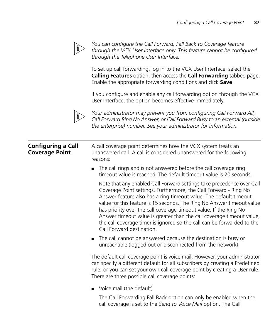 Configuring a call coverage point, Destination. see, Il; see | Configuring a, Call coverage point, Configuring a call coverage, Point | 3Com V7000 User Manual | Page 87 / 102