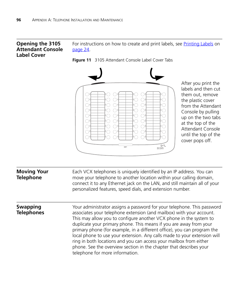 Opening the 3105 attendant console label cover, Moving your telephone, Swapping telephones | 3Com V7000 User Manual | Page 96 / 102