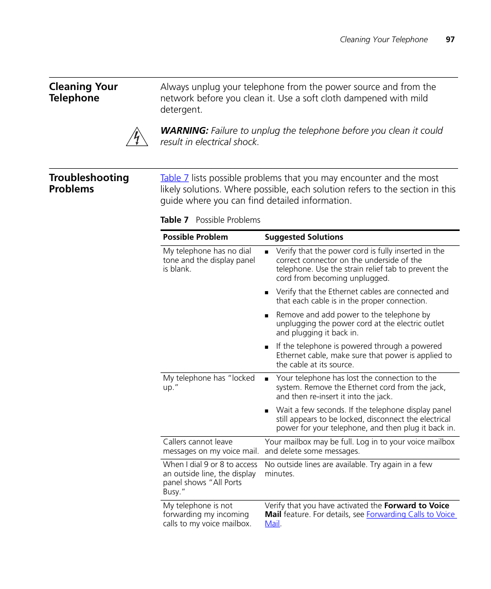 Cleaning your telephone, Troubleshooting problems | 3Com V7000 User Manual | Page 97 / 102