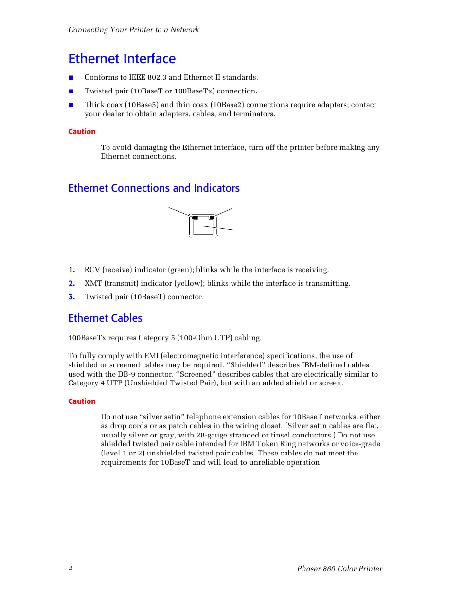 Ethernet interface, Ethernet connections and indicators, Ethernet cables | Xerox Phaser 860 User Manual | Page 10 / 42