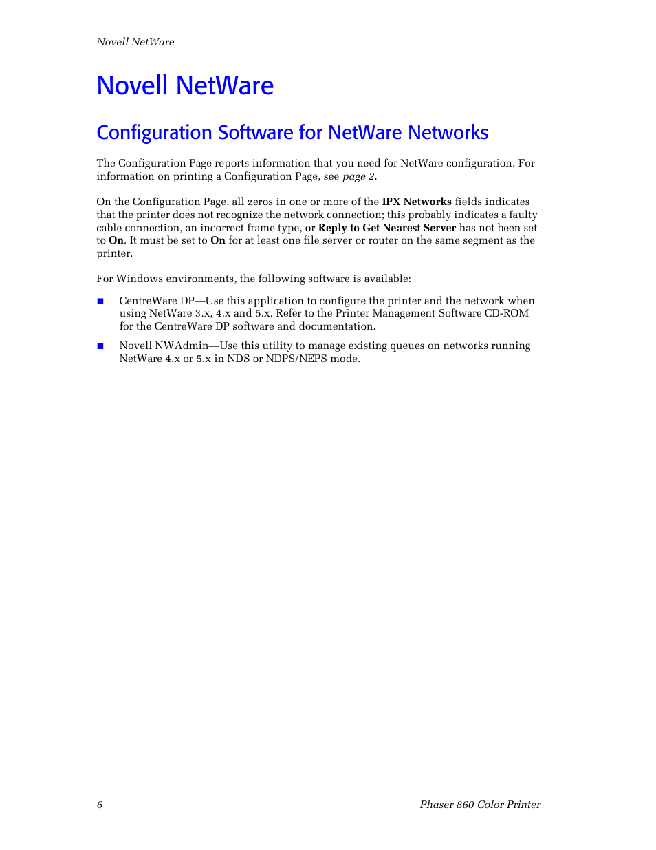 Novell netware, Configuration software for netware networks | Xerox Phaser 860 User Manual | Page 12 / 42
