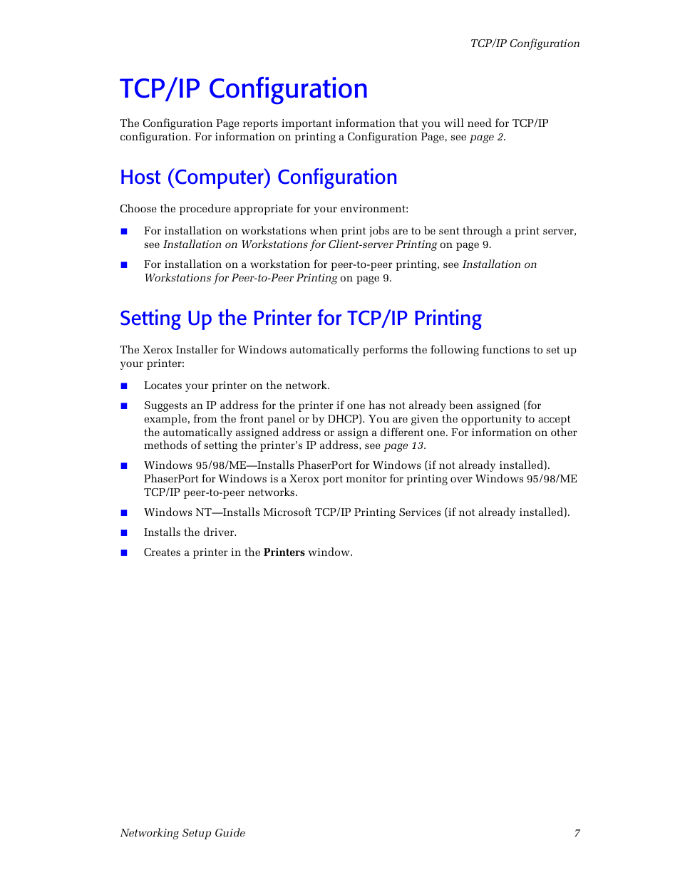 Tcp/ip configuration, Host (computer) configuration, Setting up the printer for tcp/ip printing | Xerox Phaser 860 User Manual | Page 13 / 42