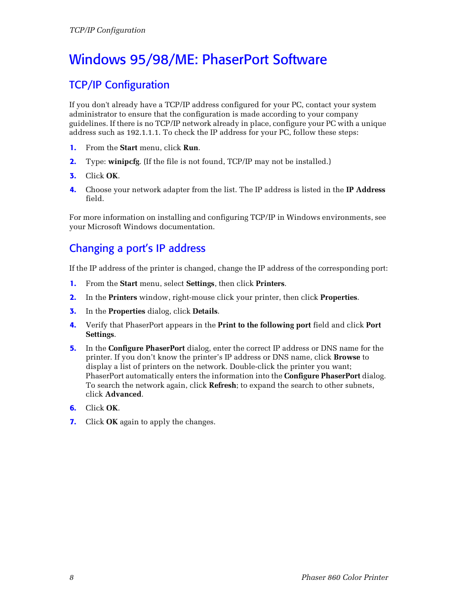 Windows 95/98/me: phaserport software, Tcp/ip configuration, Changing a port’s ip address | Xerox Phaser 860 User Manual | Page 14 / 42