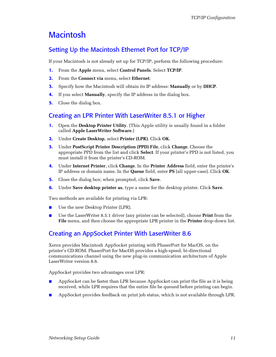 Macintosh, Setting up the macintosh ethernet port for tcp/ip, Creating an appsocket printer with laserwriter 8.6 | Xerox Phaser 860 User Manual | Page 17 / 42