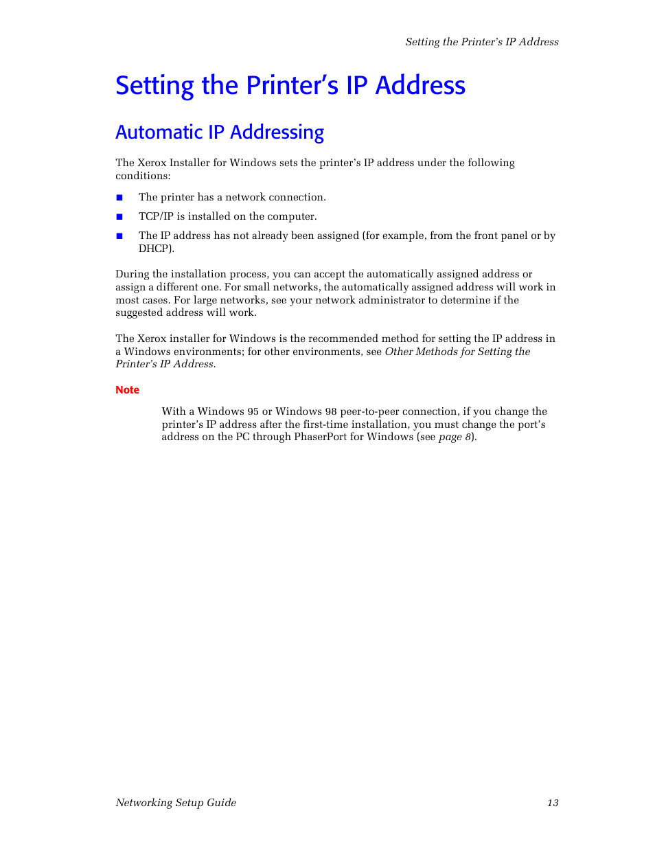 Setting the printer’s ip address, Automatic ip addressing | Xerox Phaser 860 User Manual | Page 19 / 42