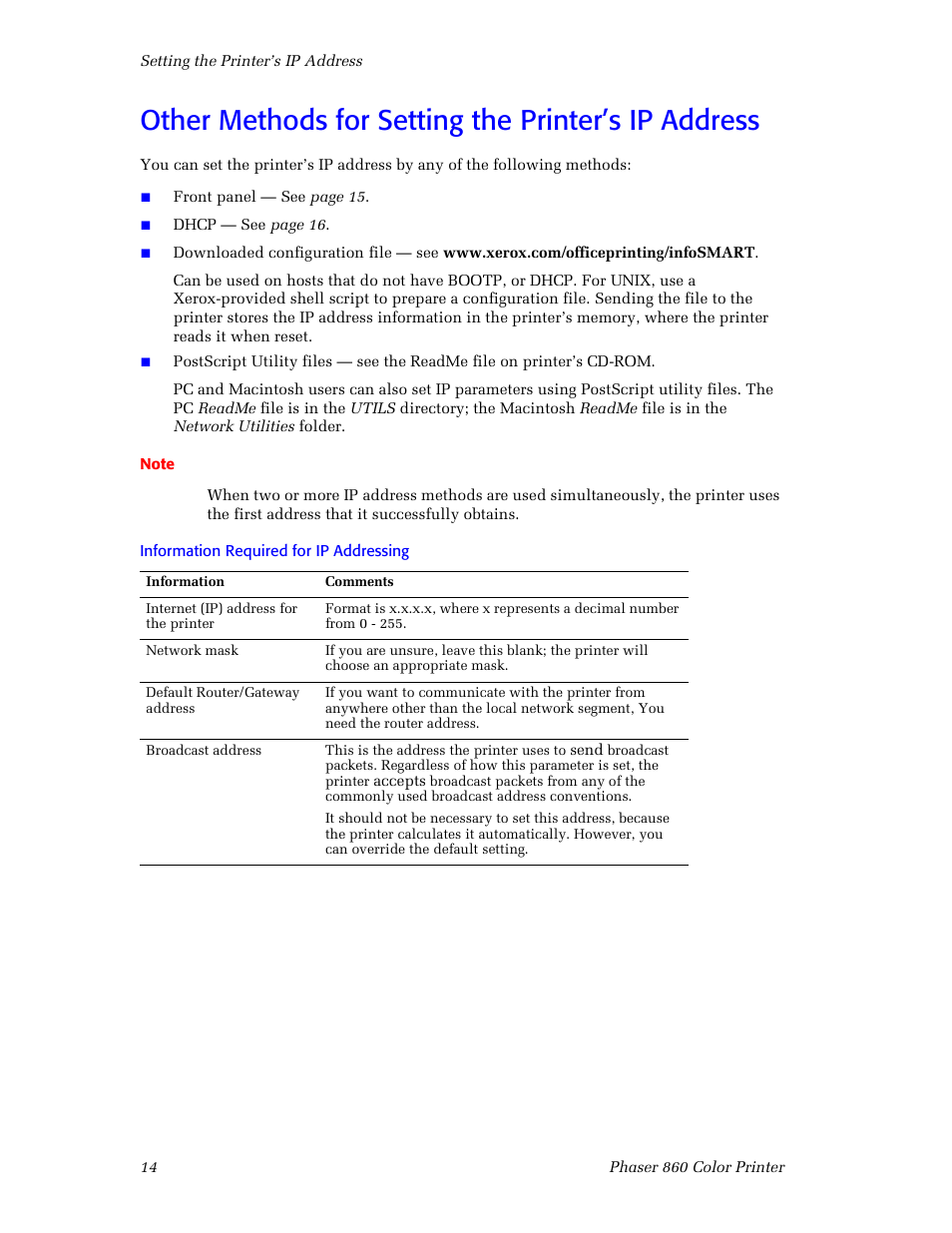 Other methods for setting the printer’s ip address | Xerox Phaser 860 User Manual | Page 20 / 42