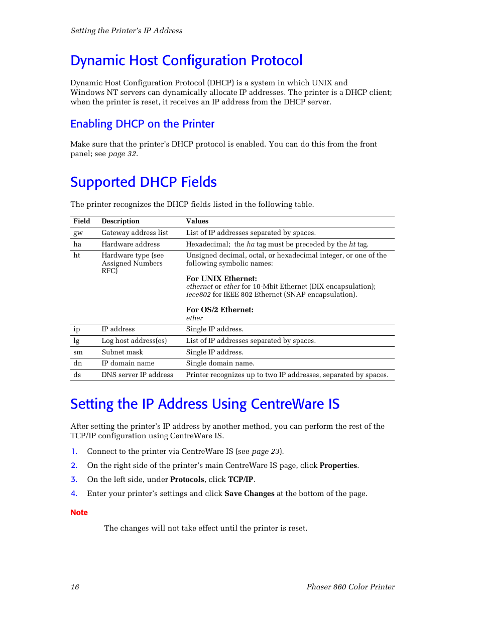 Dynamic host configuration protocol, Enabling dhcp on the printer, Supported dhcp fields | Setting the ip address using centreware is | Xerox Phaser 860 User Manual | Page 22 / 42