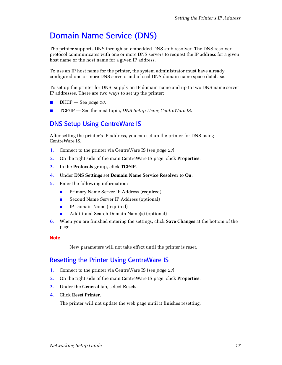 Domain name service (dns), Dns setup using centreware is, Resetting the printer using centreware is | Xerox Phaser 860 User Manual | Page 23 / 42