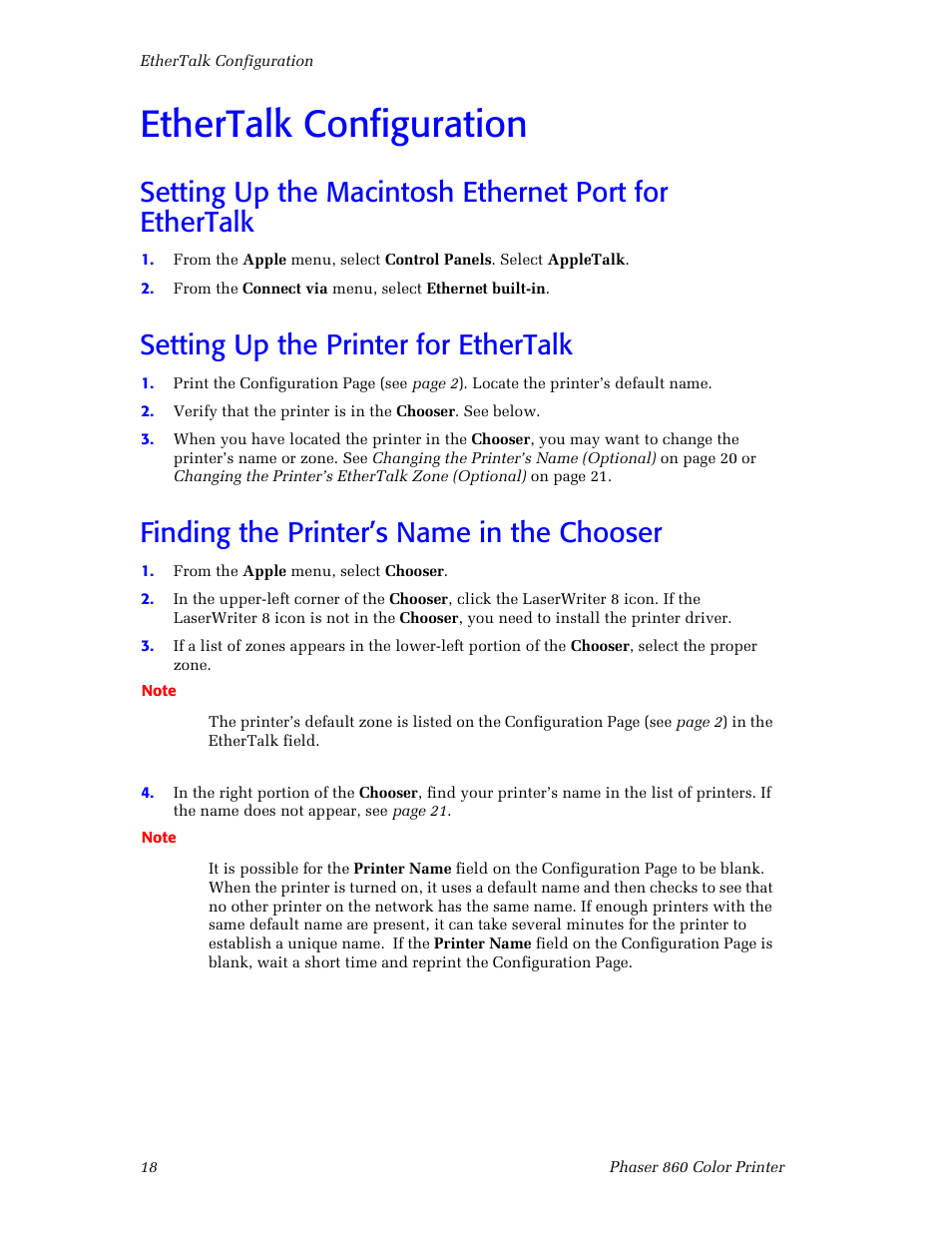 Ethertalk configuration, Setting up the printer for ethertalk, Finding the printer’s name in the chooser | Xerox Phaser 860 User Manual | Page 24 / 42
