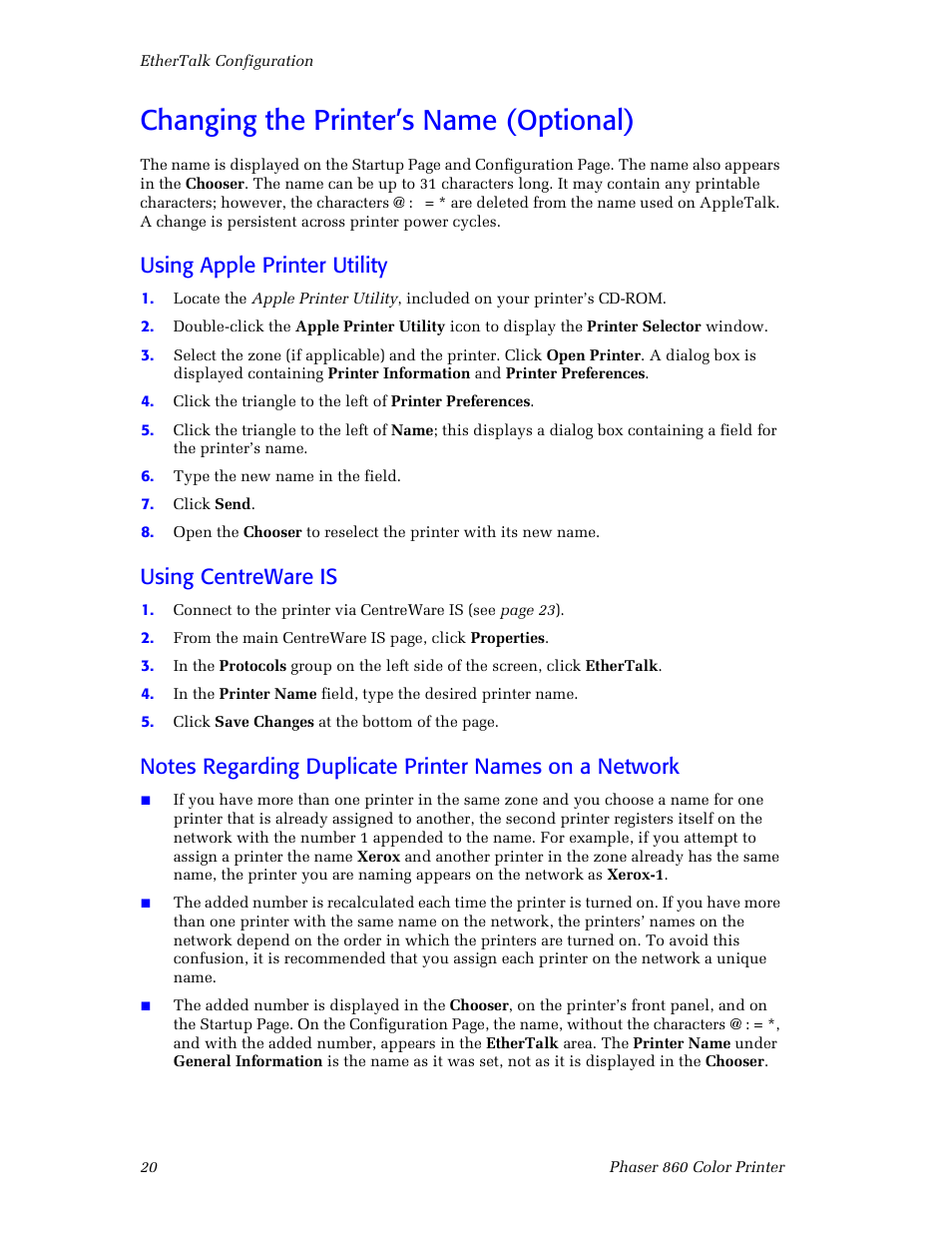 Changing the printer’s name (optional), Using apple printer utility, Using centreware is | Xerox Phaser 860 User Manual | Page 26 / 42