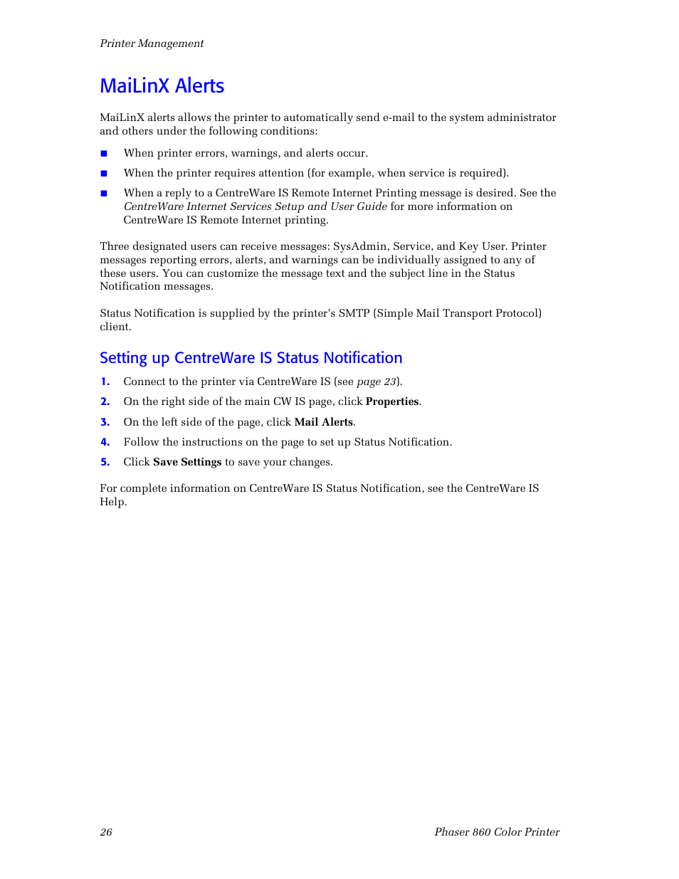 Mailinx alerts, Setting up centreware is status notification | Xerox Phaser 860 User Manual | Page 32 / 42