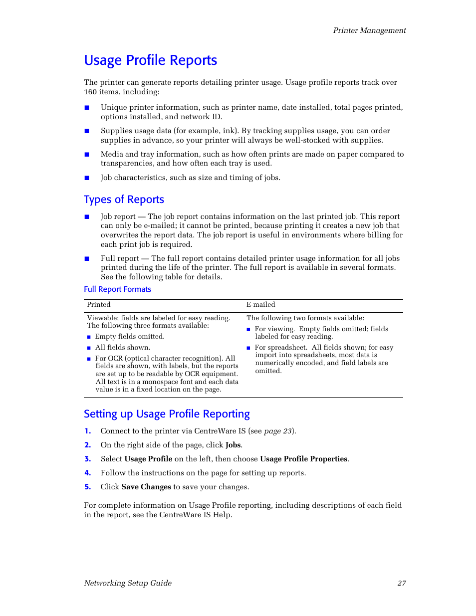 Usage profile reports, Types of reports, Setting up usage profile reporting | Xerox Phaser 860 User Manual | Page 33 / 42