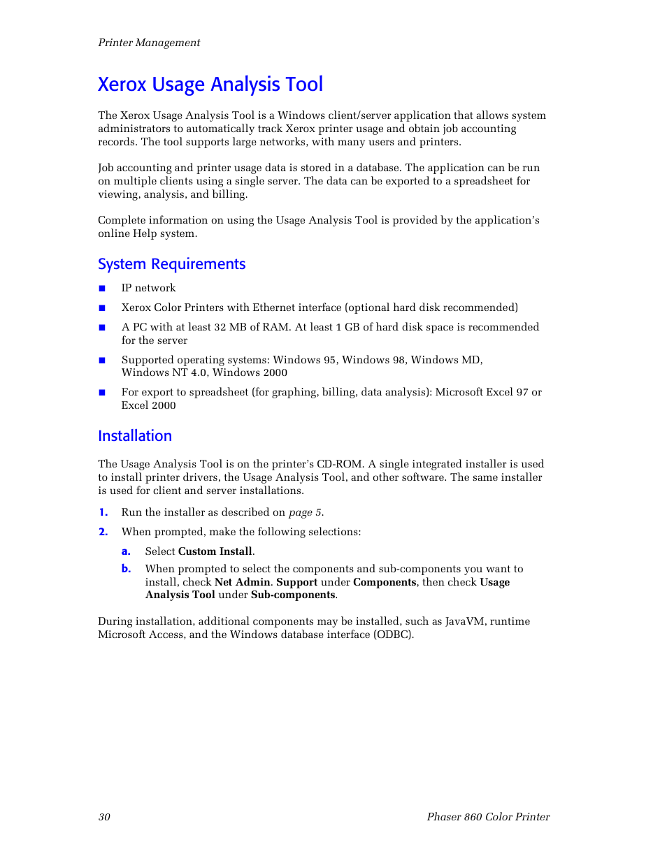 Xerox usage analysis tool, System requirements, Installation | Xerox Phaser 860 User Manual | Page 36 / 42