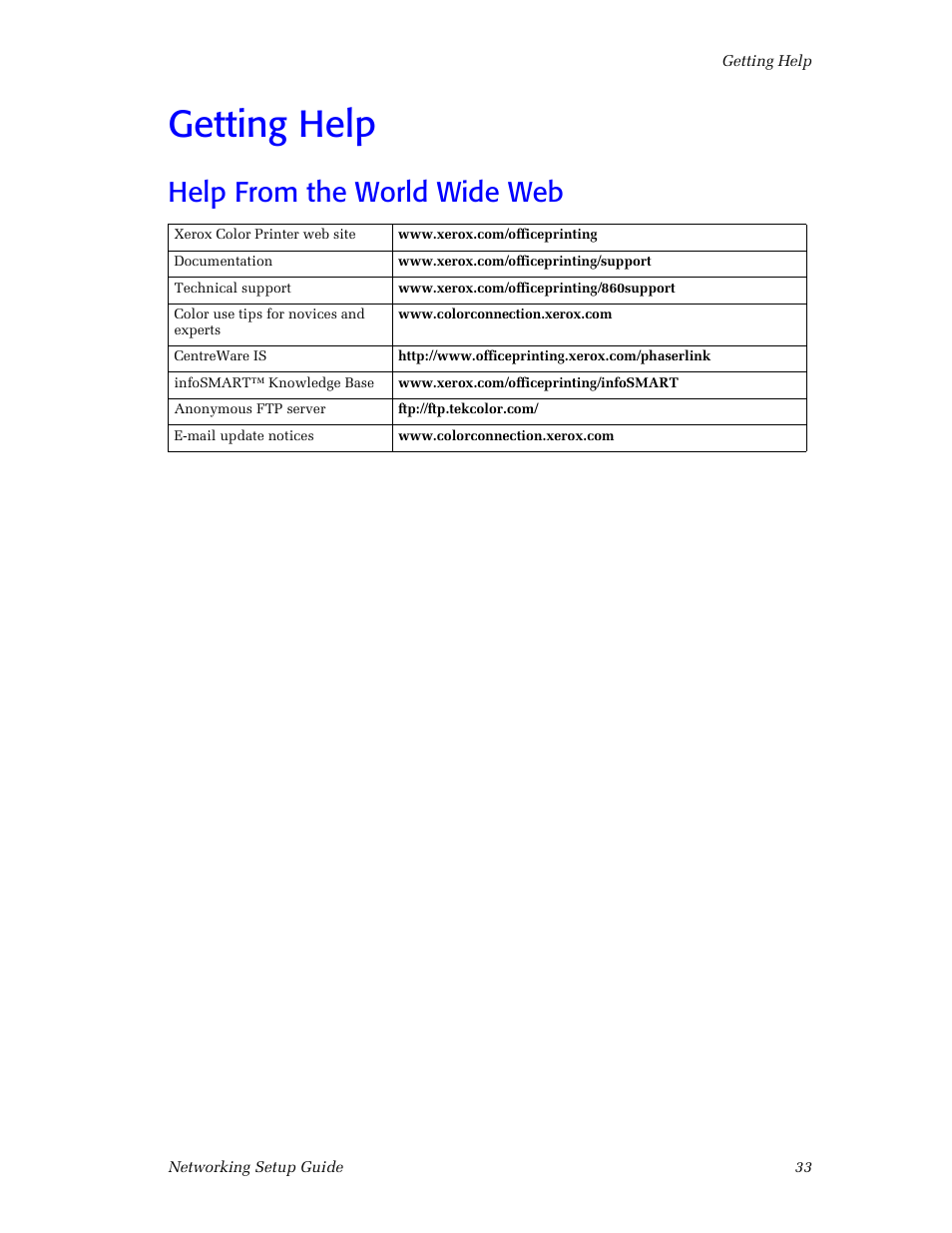 Getting help, Help from the world wide web | Xerox Phaser 860 User Manual | Page 39 / 42