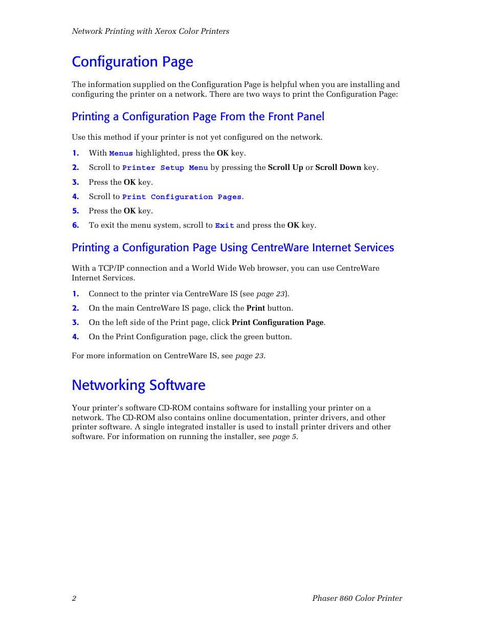 Networking software, Configuration page, Printing a configuration page from the front panel | Xerox Phaser 860 User Manual | Page 8 / 42