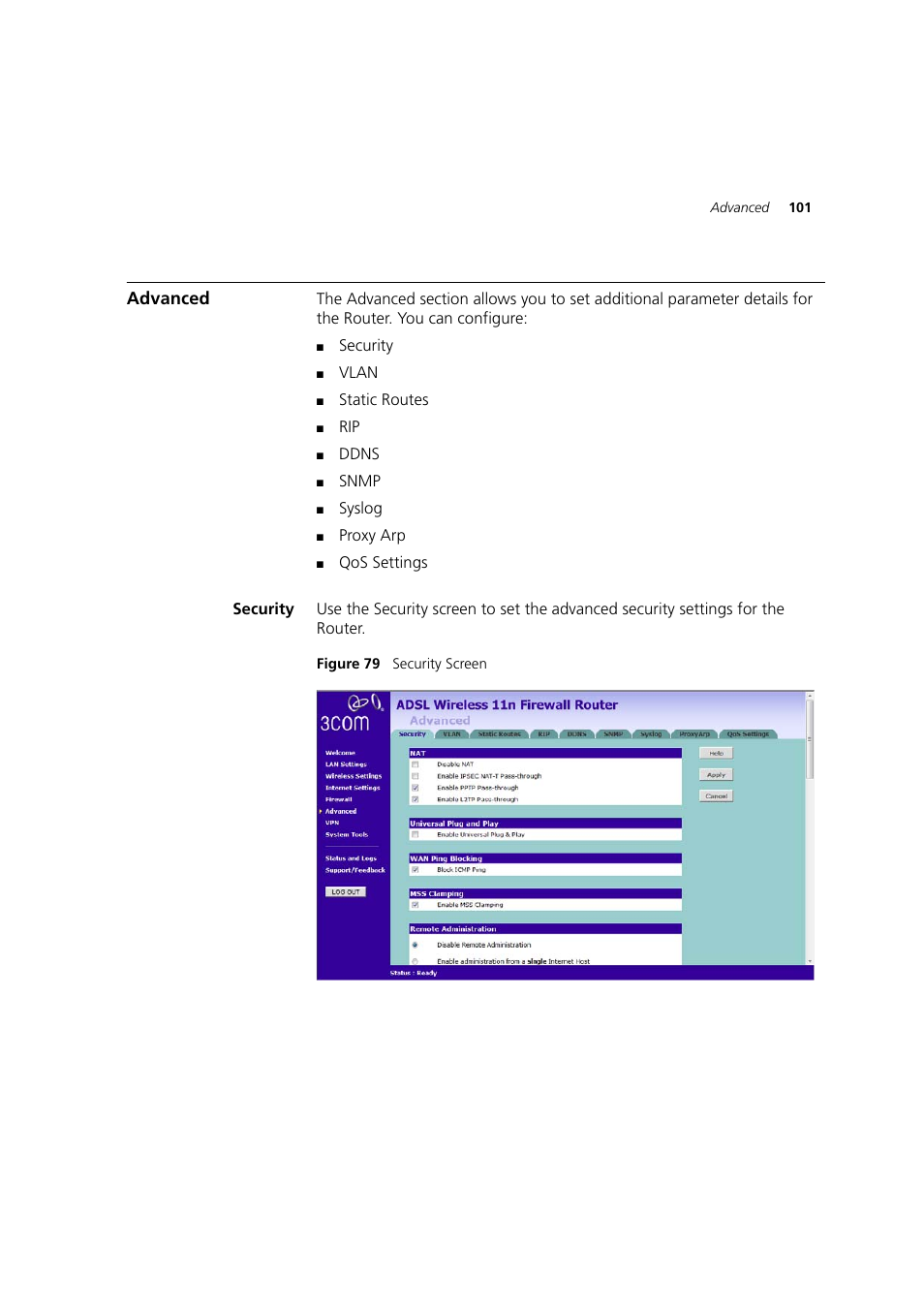 Advanced, Security | 3Com WL-603 User Manual | Page 103 / 182