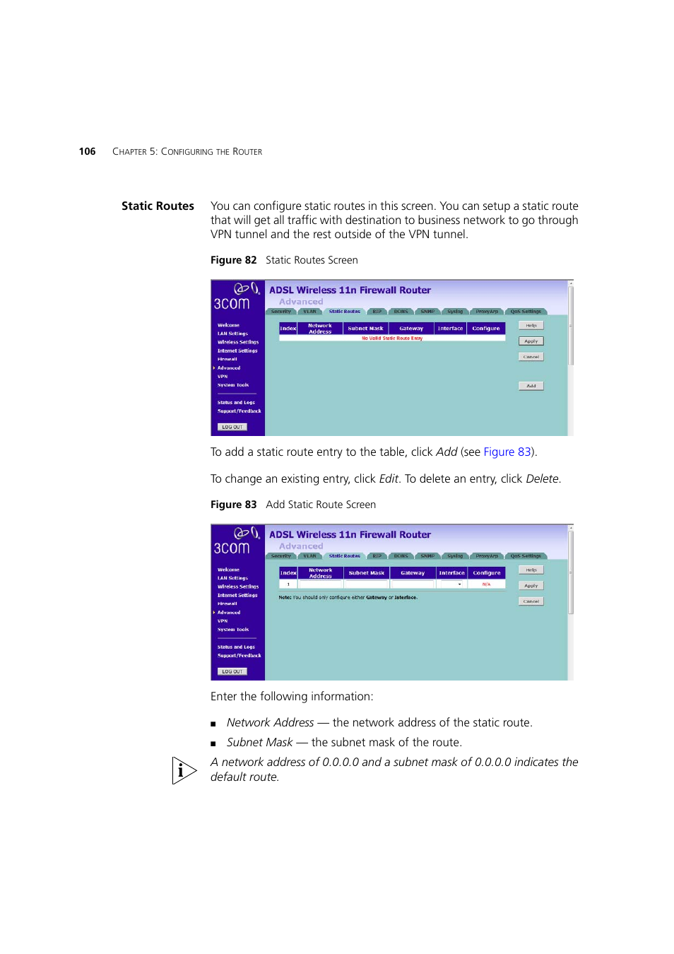 Static routes | 3Com WL-603 User Manual | Page 108 / 182