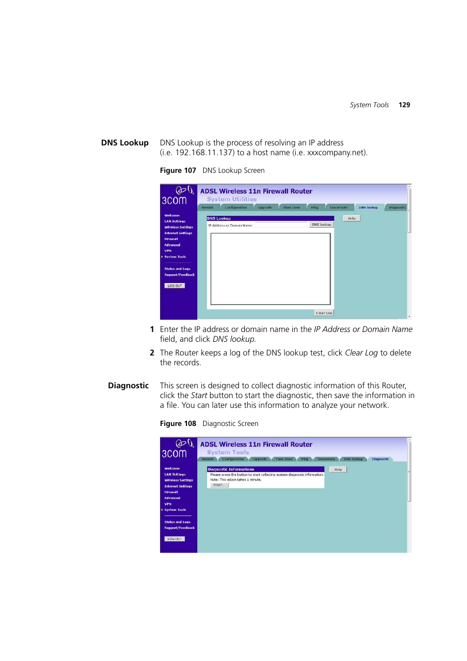 Dns lookup, Diagnostic | 3Com WL-603 User Manual | Page 131 / 182
