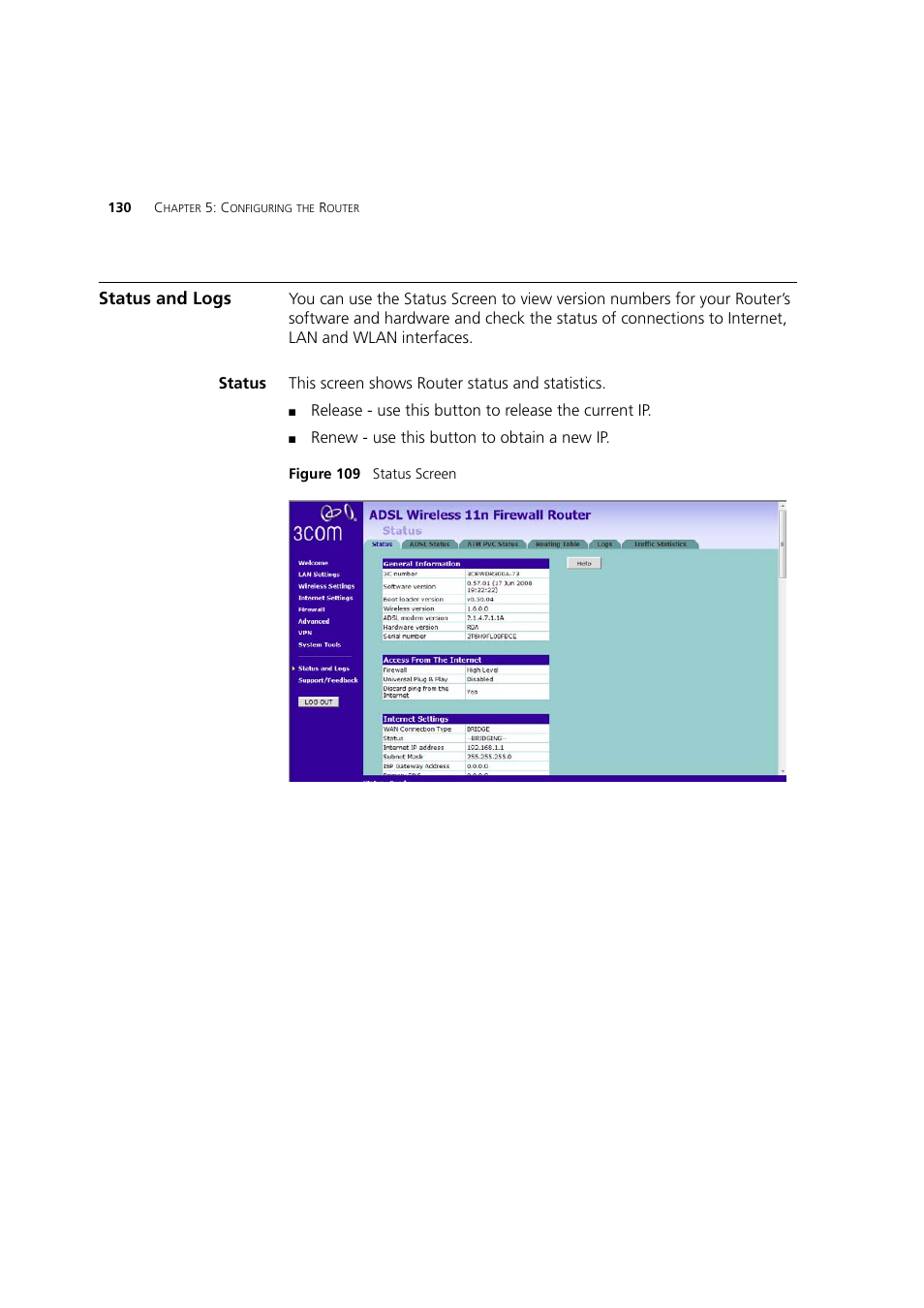 Status and logs, Status | 3Com WL-603 User Manual | Page 132 / 182