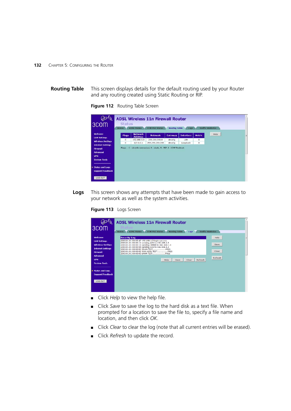 Routing table, Logs | 3Com WL-603 User Manual | Page 134 / 182