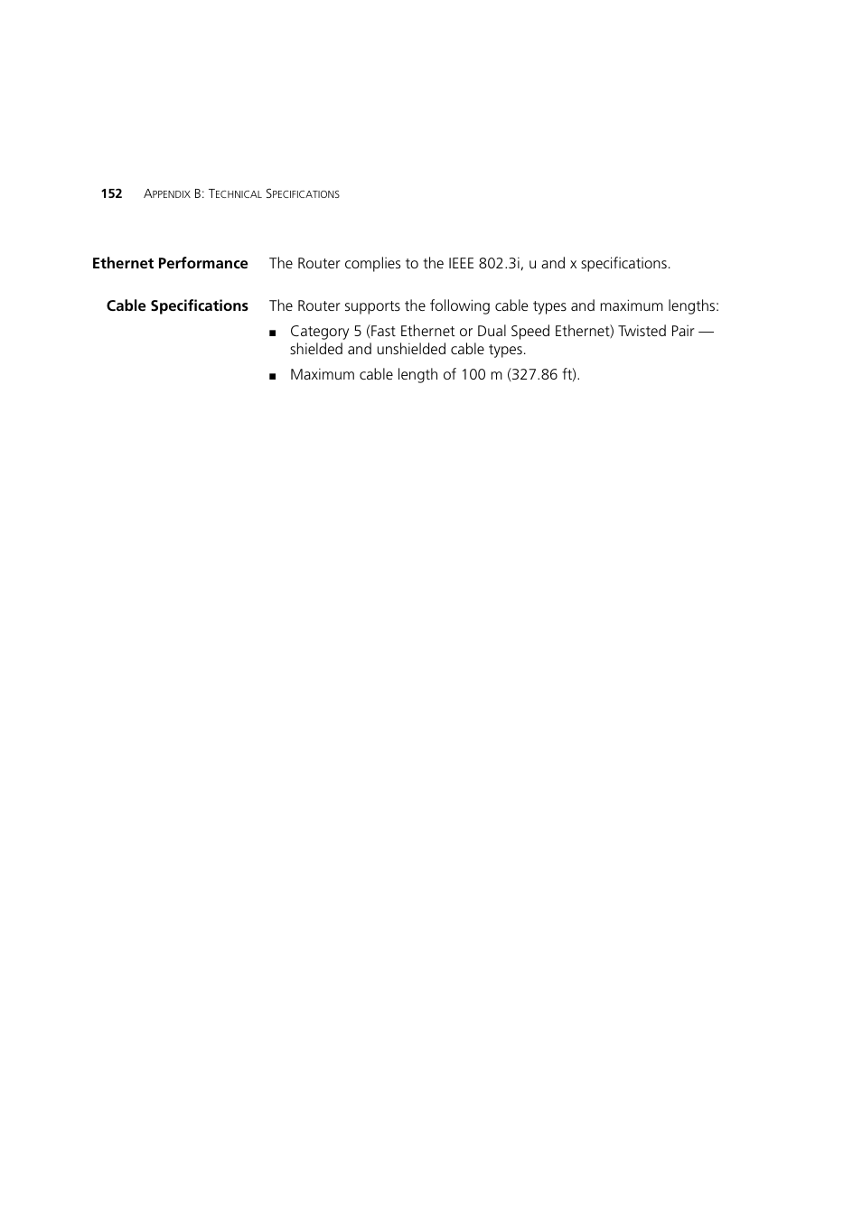 Ethernet performance, Cable specifications | 3Com WL-603 User Manual | Page 154 / 182