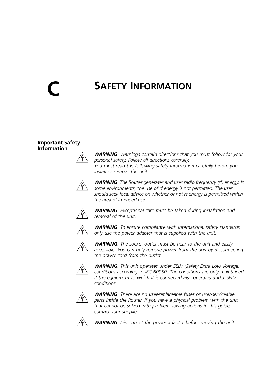 Safety information, Important safety information, Afety | Nformation, Appendix c | 3Com WL-603 User Manual | Page 155 / 182