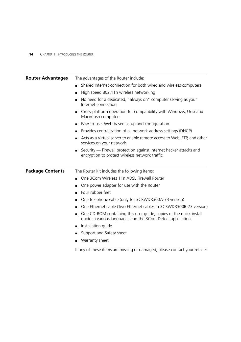 Router advantages, Package contents | 3Com WL-603 User Manual | Page 16 / 182