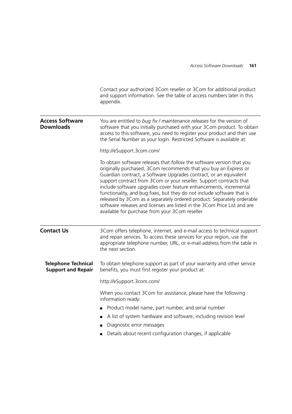 Access software downloads, Contact us, Telephone technical support and repair | 3Com WL-603 User Manual | Page 163 / 182