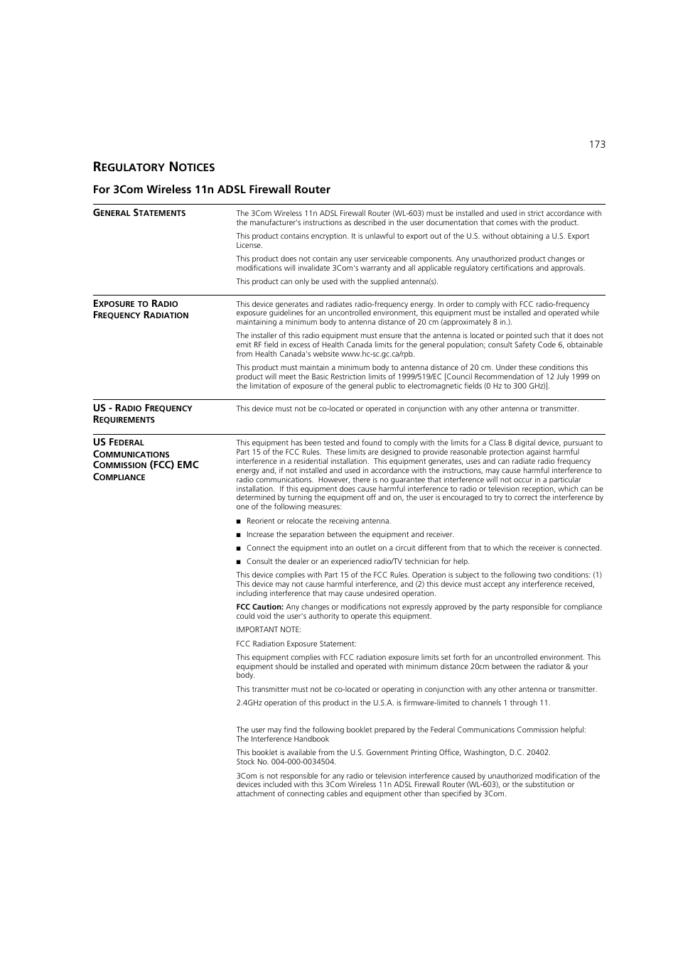 Regulatory notices, Egulatory, Otices | 3Com WL-603 User Manual | Page 175 / 182