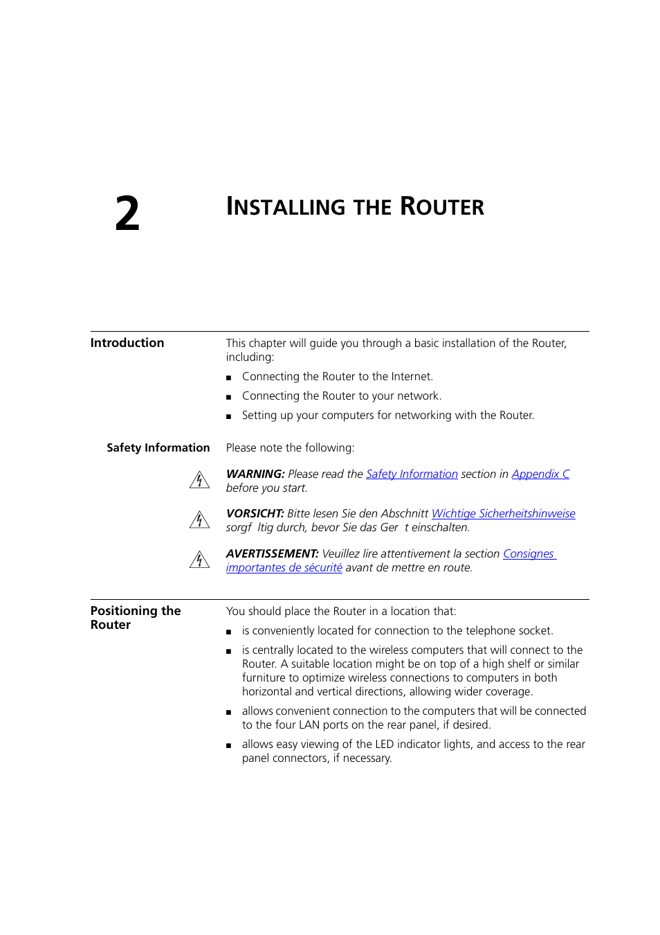 Installing the router, Introduction, Safety information | Positioning the router, Nstalling, Outer | 3Com WL-603 User Manual | Page 23 / 182