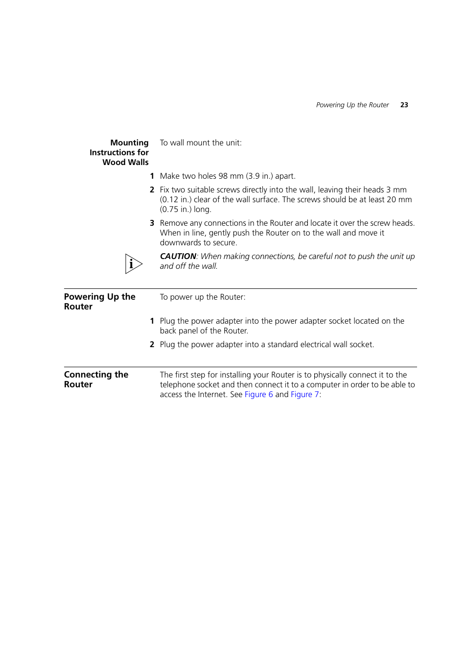 Mounting instructions for wood walls, Powering up the router, Connecting the router | 3Com WL-603 User Manual | Page 25 / 182