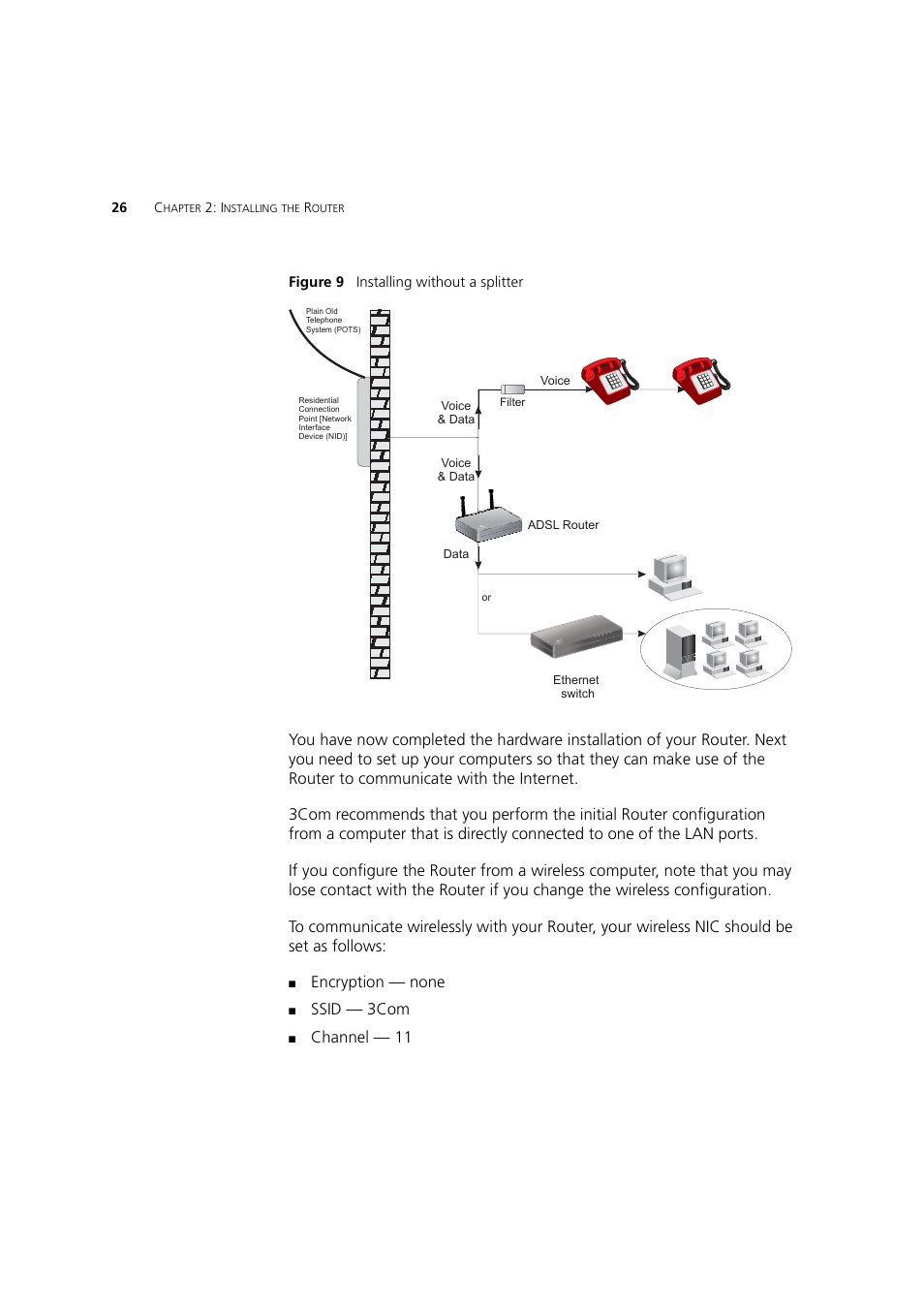 Encryption — none, Ssid — 3com, Channel — 11 | 3Com WL-603 User Manual | Page 28 / 182