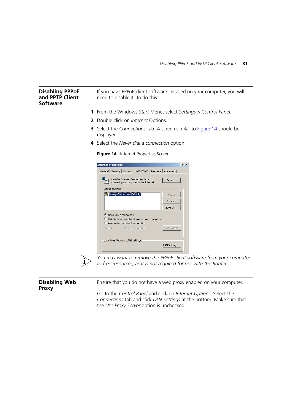 Disabling pppoe and pptp client software, Disabling web proxy | 3Com WL-603 User Manual | Page 33 / 182